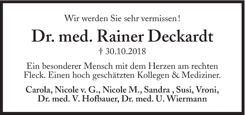  Traueranzeige für Rainer Deckardt vom 17.11.2018 aus Süddeutsche Zeitung