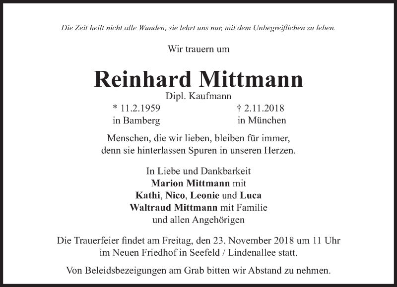  Traueranzeige für Reinhard Mittmann vom 17.11.2018 aus Süddeutsche Zeitung
