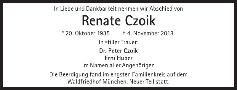  Traueranzeige für Renate Czoik vom 10.11.2018 aus Süddeutsche Zeitung