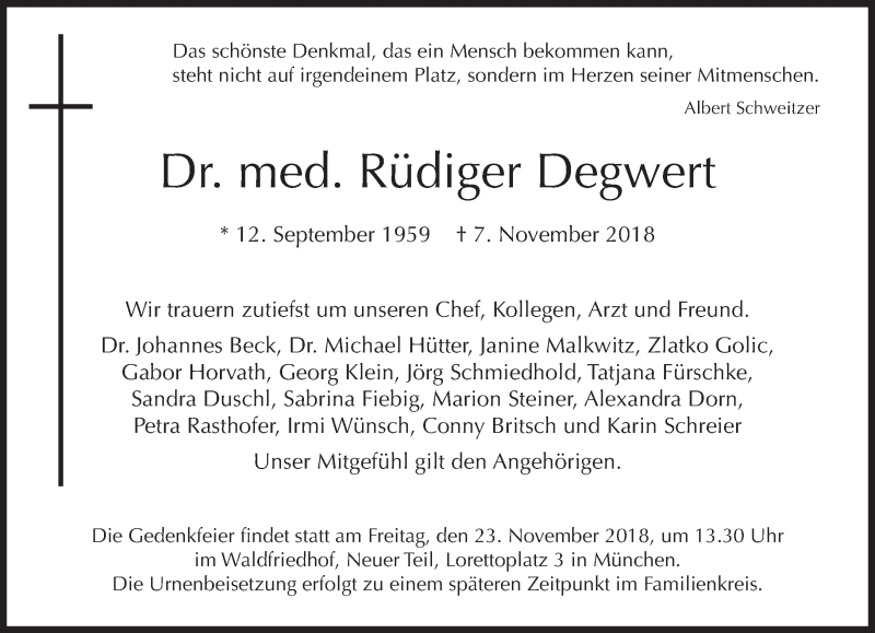  Traueranzeige für Rüdiger Degwert vom 17.11.2018 aus Süddeutsche Zeitung