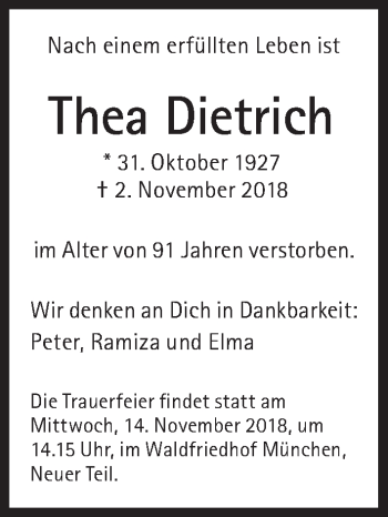Traueranzeige von Thea Dietrich von Süddeutsche Zeitung