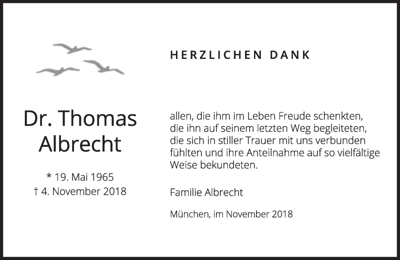  Traueranzeige für Thomas Albrecht vom 01.12.2018 aus Süddeutsche Zeitung