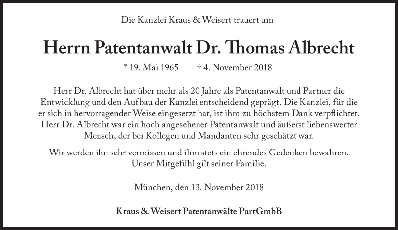  Traueranzeige für Thomas Albrecht vom 13.11.2018 aus Süddeutsche Zeitung