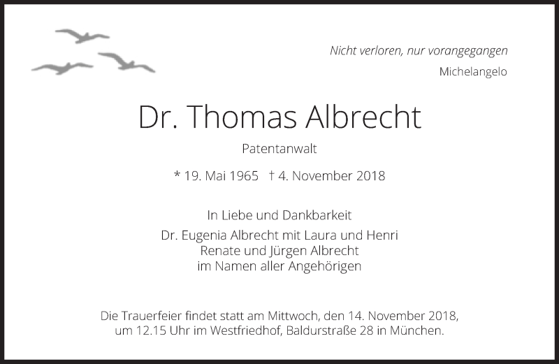  Traueranzeige für Thomas Albrecht vom 10.11.2018 aus Süddeutsche Zeitung