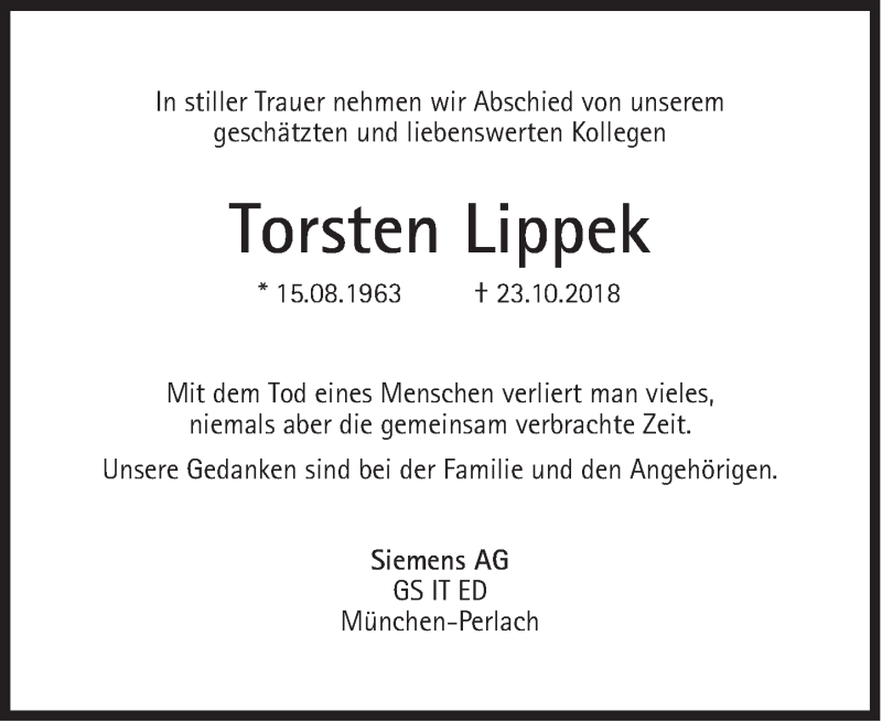  Traueranzeige für Torsten Lippek vom 14.11.2018 aus Süddeutsche Zeitung
