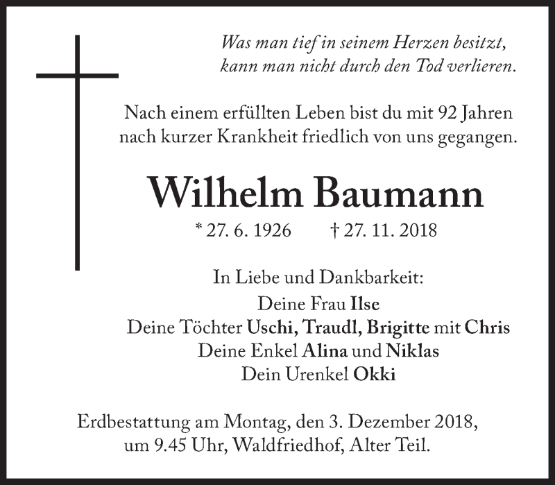  Traueranzeige für Wilhelm Baumann vom 30.11.2018 aus Süddeutsche Zeitung