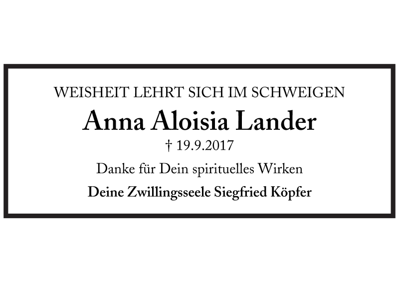  Traueranzeige für Anna Aloisia Lander vom 20.10.2018 aus Süddeutsche Zeitung