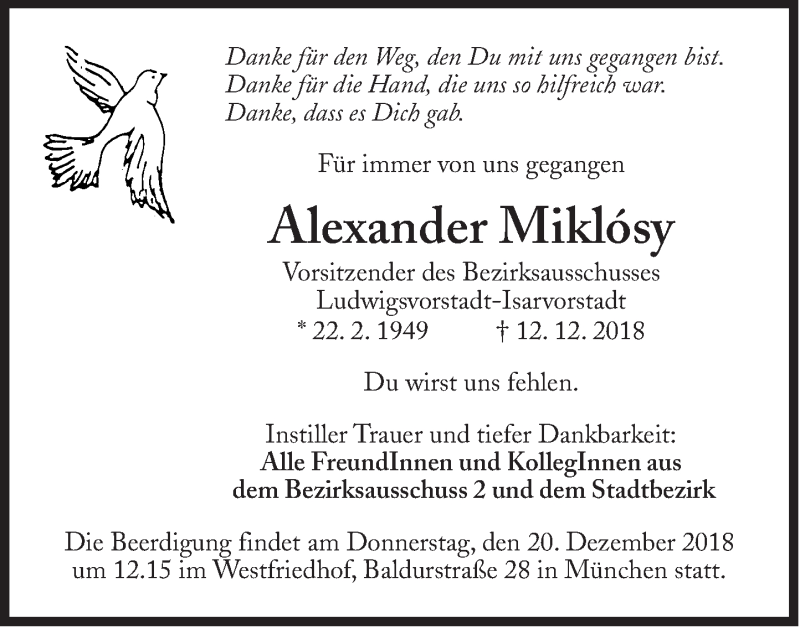  Traueranzeige für Alexander Miklosy vom 19.12.2018 aus Süddeutsche Zeitung