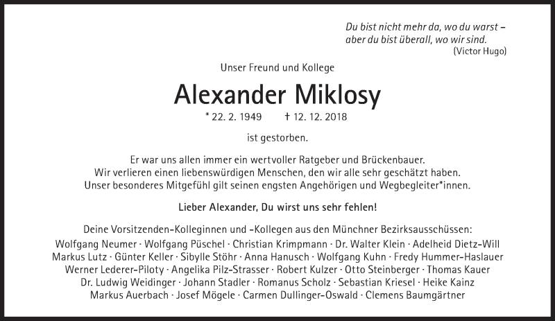  Traueranzeige für Alexander Miklosy vom 15.12.2018 aus Süddeutsche Zeitung