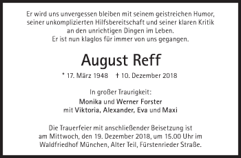 Traueranzeige von August Reff von Süddeutsche Zeitung
