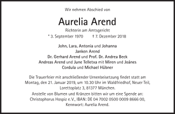 Traueranzeige von Aurelia Arend von Süddeutsche Zeitung