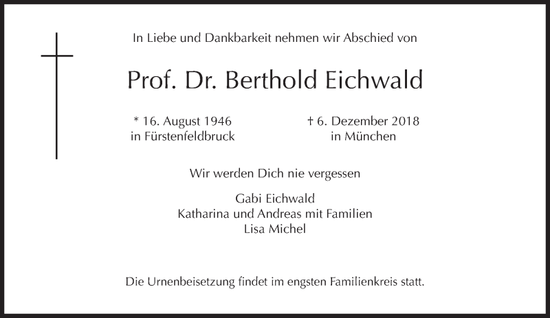 Traueranzeige für Berthold Eichwald vom 10.12.2018 aus Süddeutsche Zeitung