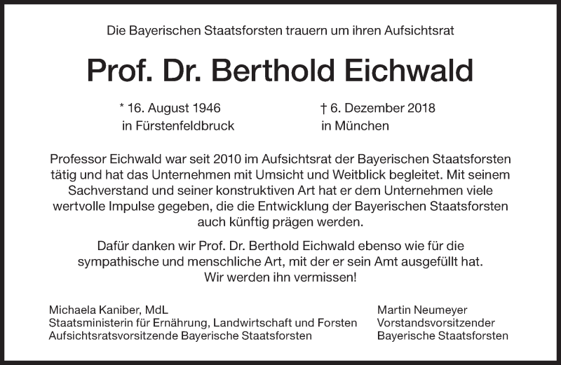 Traueranzeige für Berthold Eichwald vom 15.12.2018 aus Süddeutsche Zeitung