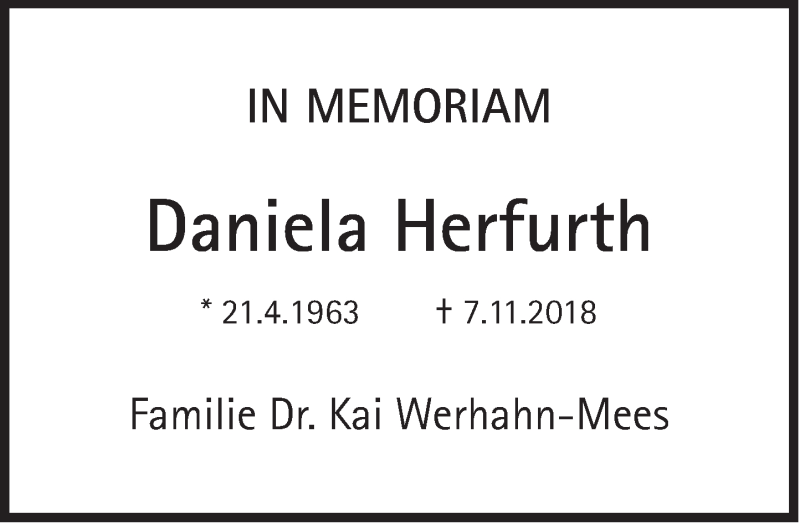  Traueranzeige für Daniela Herfurth vom 15.12.2018 aus Süddeutsche Zeitung