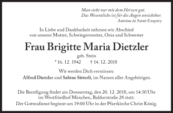 Traueranzeige von Dietzler Brigitte Maria Dietzler von Süddeutsche Zeitung