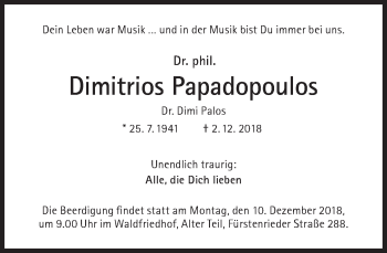 Traueranzeige von Dimitrios Papadopoulos von Süddeutsche Zeitung