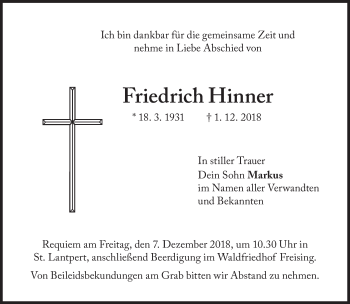 Traueranzeige von Friedrich Hinner von Süddeutsche Zeitung