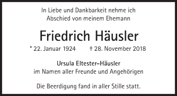 Traueranzeige von Friedrich Häusler von Süddeutsche Zeitung
