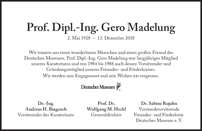  Traueranzeige für Gero Madelung vom 22.12.2018 aus Süddeutsche Zeitung