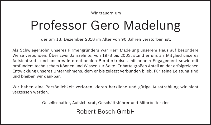  Traueranzeige für Gero Madelung vom 20.12.2018 aus Süddeutsche Zeitung