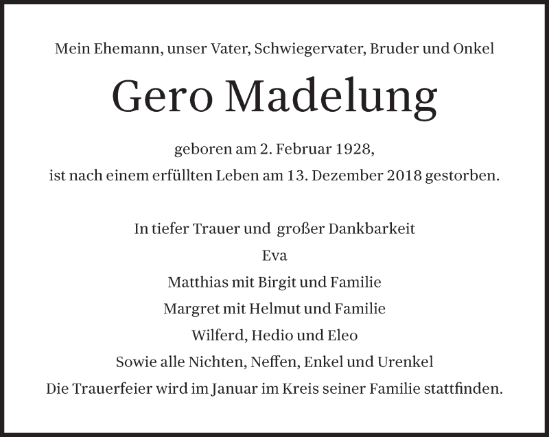  Traueranzeige für Gero Madelung vom 20.12.2018 aus Süddeutsche Zeitung