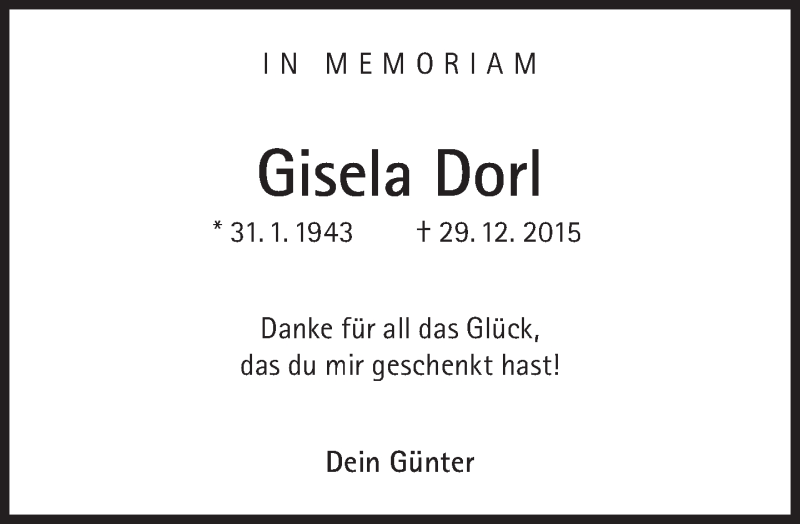  Traueranzeige für Gisela Dorl vom 29.12.2018 aus Süddeutsche Zeitung