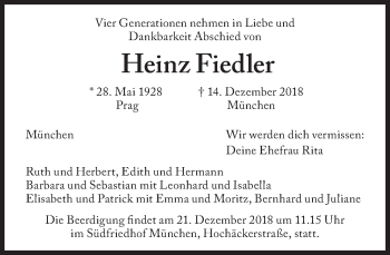Traueranzeige von Heinz Fiedler von Süddeutsche Zeitung