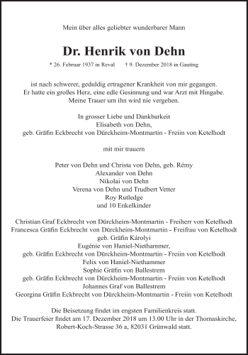 Traueranzeige von Henrik von Dehn von Süddeutsche Zeitung