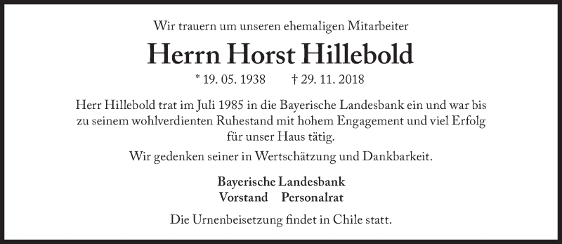  Traueranzeige für Horst Hillebold vom 05.12.2018 aus Süddeutsche Zeitung