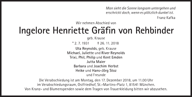  Traueranzeige für Ingelore Henriette Gräfin von Rehbinder vom 08.12.2018 aus Süddeutsche Zeitung