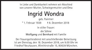 Traueranzeige von Ingrid Wondra von Süddeutsche Zeitung