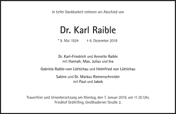 Traueranzeige von Karl Raible von Süddeutsche Zeitung