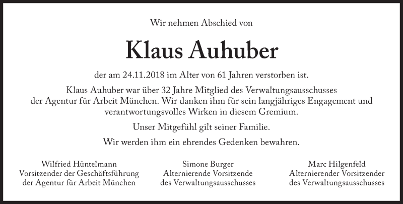 Traueranzeige für Klaus Auhuber vom 17.12.2018 aus Süddeutsche Zeitung