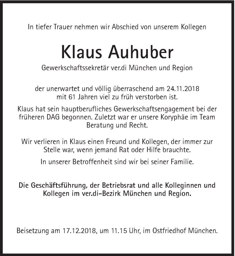  Traueranzeige für Klaus Auhuber vom 07.12.2018 aus Süddeutsche Zeitung