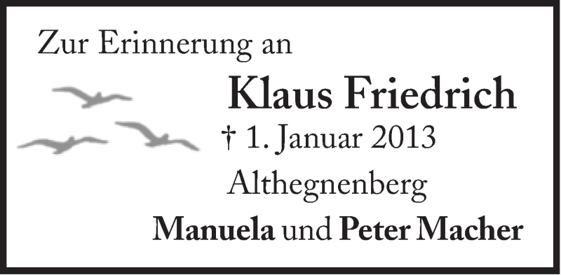  Traueranzeige für Klaus Friedrich vom 31.12.2018 aus Süddeutsche Zeitung