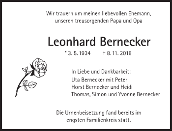 Traueranzeige von Leonhard Bernecker von Süddeutsche Zeitung