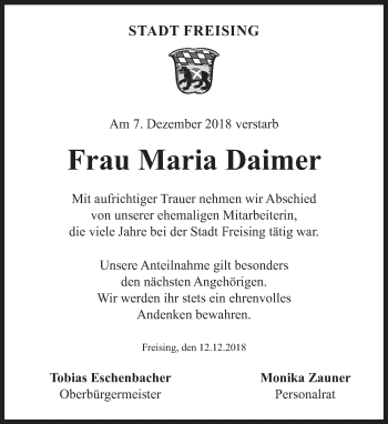 Traueranzeige von Maria Daimer von Süddeutsche Zeitung