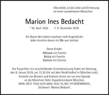 Traueranzeige von Marion Ines Bedacht von Süddeutsche Zeitung