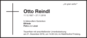 Traueranzeige von Otto Reindl von Süddeutsche Zeitung