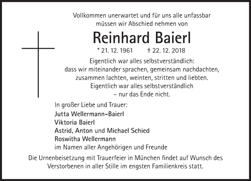  Traueranzeige für Reinhard Baierl vom 29.12.2018 aus Süddeutsche Zeitung