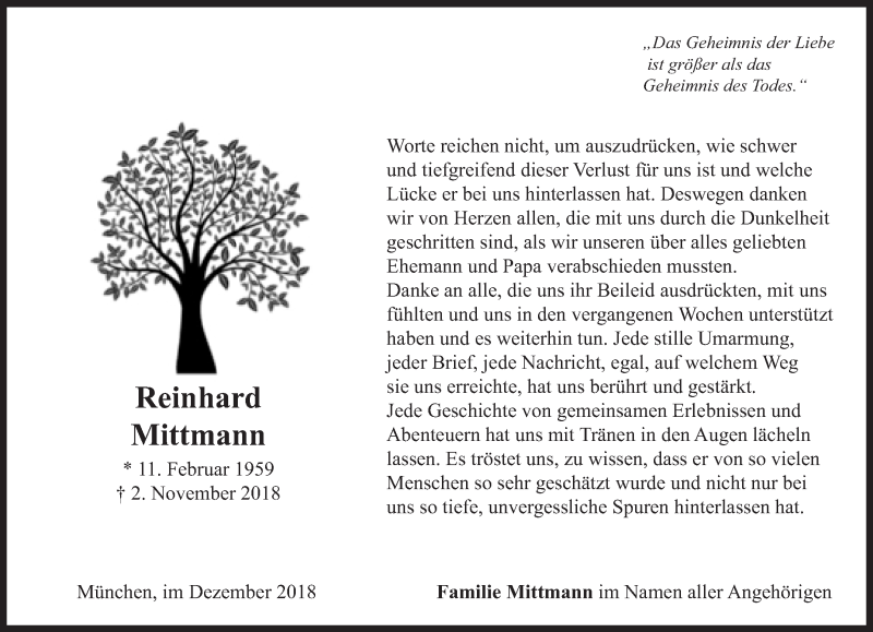  Traueranzeige für Reinhard Mittmann vom 08.12.2018 aus Süddeutsche Zeitung