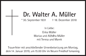 Traueranzeige von Walter A. Müller von Süddeutsche Zeitung