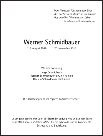 Traueranzeige von Werner Schmidbauer von Süddeutsche Zeitung