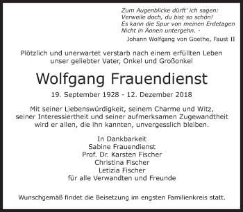 Traueranzeige von Wolfgang Frauendienst von Süddeutsche Zeitung