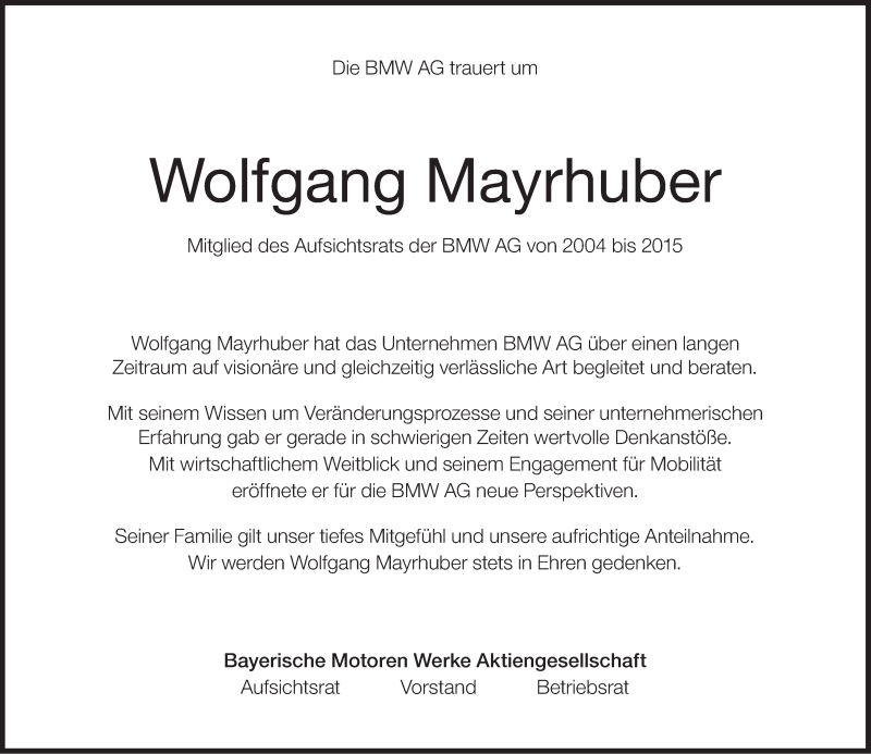 Traueranzeige für Wolfgang Mayrhuber vom 08.12.2018 aus Süddeutsche Zeitung