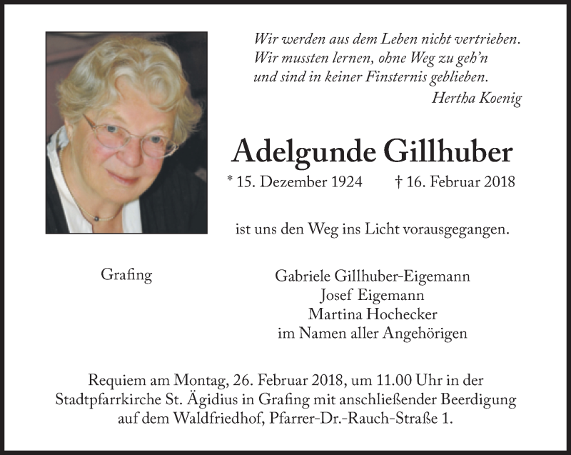  Traueranzeige für Adelgunde Gillhuber vom 21.02.2018 aus Süddeutsche Zeitung