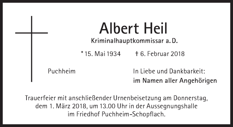  Traueranzeige für Albert Heil vom 17.02.2018 aus Süddeutsche Zeitung