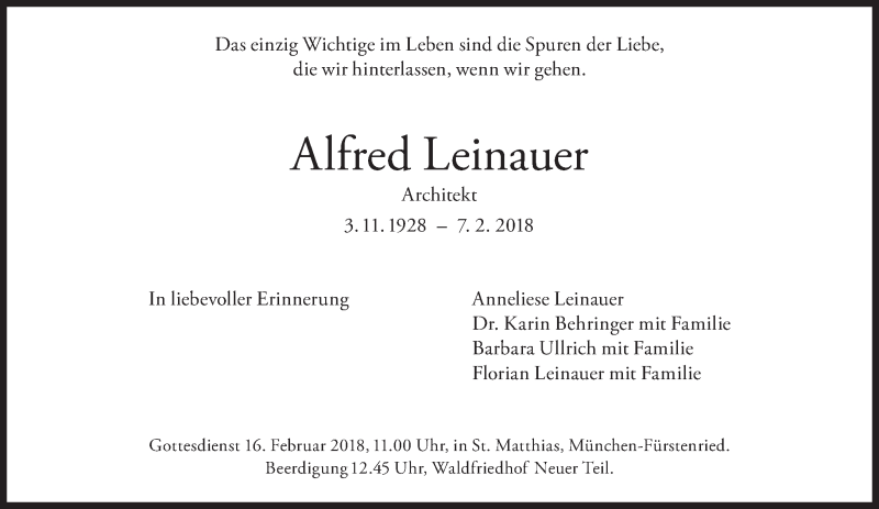  Traueranzeige für Alfred Leinauer vom 10.02.2018 aus Süddeutsche Zeitung
