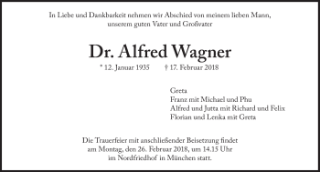 Traueranzeige von Alfred Wagner von Süddeutsche Zeitung