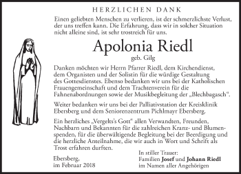 Traueranzeige von Apolonia Riedl von Süddeutsche Zeitung